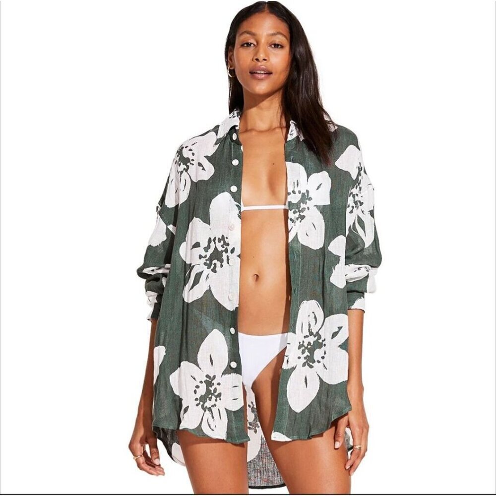 Vitamin A Playa Women's Linen Cover Up Shirt Dress Size Extra Small Green Floral